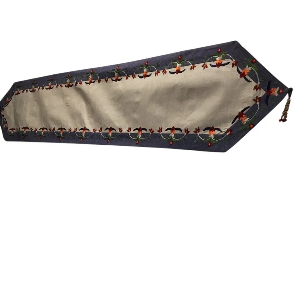 Pier One Imports Table Runner Floral Denim 14 x 72 Embroidered Beaded Tassels